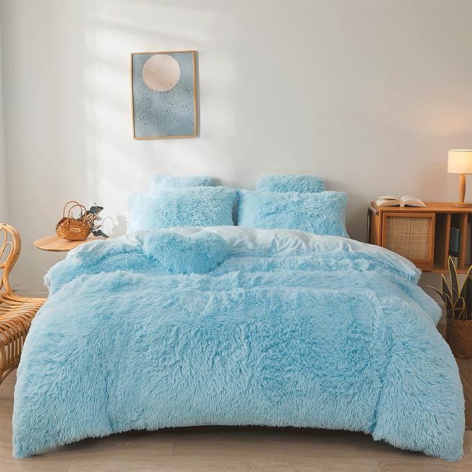 Fluffy Blue Comforter Cover Set Queen - Ultra Soft Plush Blue Bedding Sets 3 Pieces (1 Faux Fur Duvet Cover + 2 Faux Fur Pillow case) Blue Bed Set Queen (Blue, Queen) - LeafyLoom