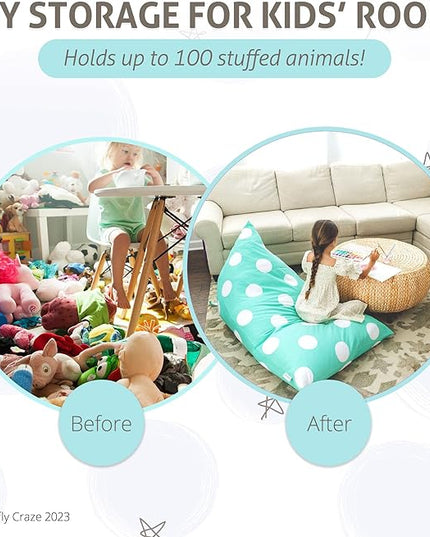 Butterfly Craze Bean Bag Chair Cover, Functional Toddler Toy Organizer, Fill with Stuffed Animals to Create a Jumbo, Comfy Floor Lounger for Boys or Girls, Stuffing Not Included, Aqua Polka Dots - LeafyLoom