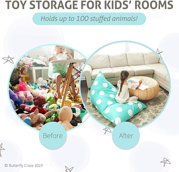 Butterfly Craze Bean Bag Chair Cover, Functional Toddler Toy Organizer, Fill with Stuffed Animals to Create a Jumbo, Comfy Floor Lounger for Boys or Girls, Stuffing Not Included, Aqua Polka Dots - LeafyLoom