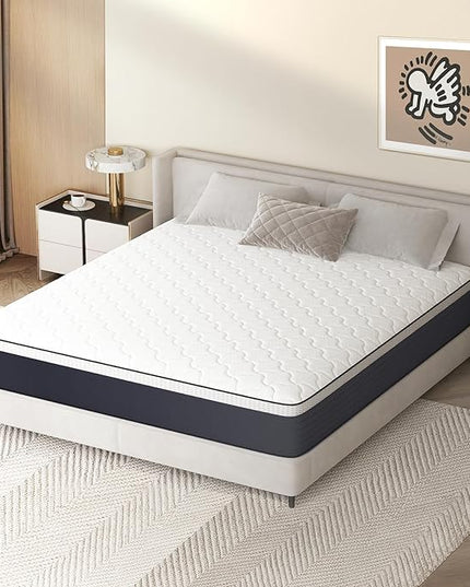 10 Inch Hybrid Queen Mattress, Queen Box Spring Mattresses with High Density Foam, Queen Size Innerspring Foam Mattress in a Box, White Grey Mattresses Bed with Medium Firm Feel, 80x60x10 inch - LeafyLoom