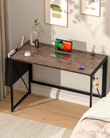 Folding Desk, Small Foldable Desk 39.4 Inch for Small Space, Computer Table Home Office Writing Desk with Storage Bag Headphone Hook, Easy Assembly, Brown - LeafyLoom