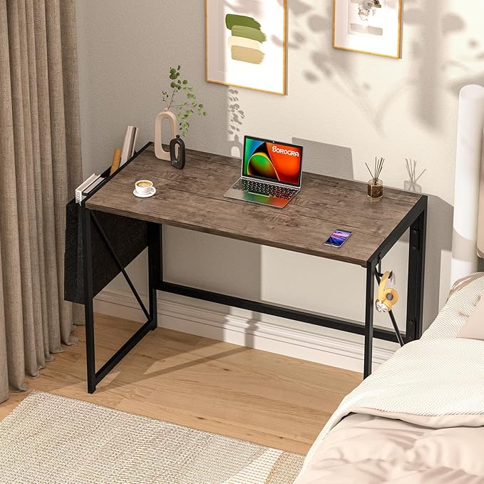 Folding Desk, Small Foldable Desk 39.4 Inch for Small Space, Computer Table Home Office Writing Desk with Storage Bag Headphone Hook, Easy Assembly, Brown - LeafyLoom