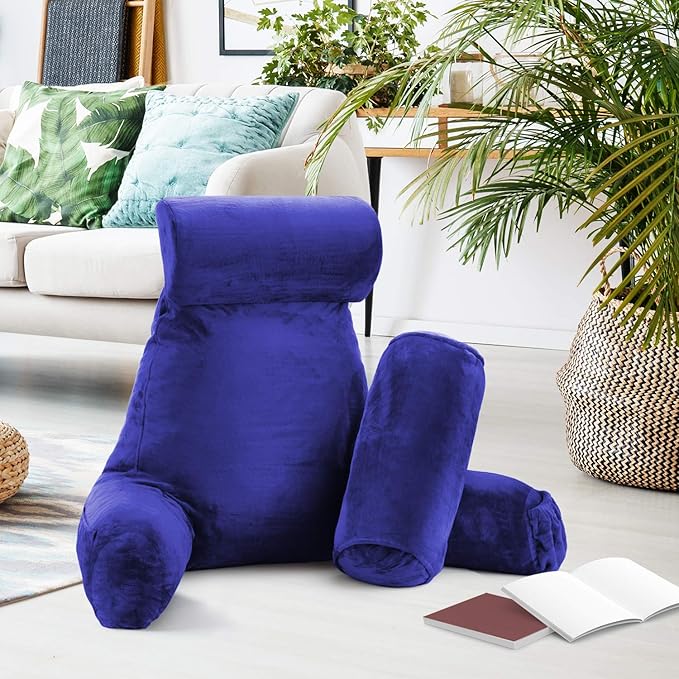 Clara Clark Reading Pillow, Large Back Pillow for Sitting Up in Bed, Memory Foam Back Support Pillow, Reading Pillows for Sitting in Bed Adult, Royal Blue Sit Up Pillow for Bed with Arms and Pockets - LeafyLoom