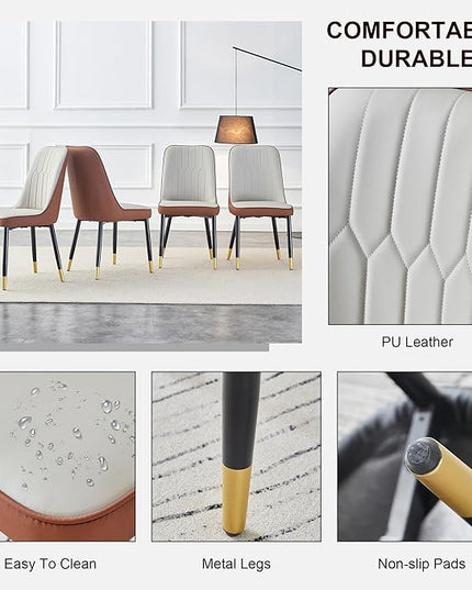 Modern Set of 4, Faux Leather Dining PU Upholstered Kitchen Chair with Black Golden Metal Legs for Home Living Room, Restaurant, 4 Piece, Brown+light Gray - LeafyLoom