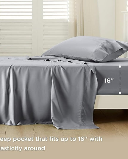 Bedsure Twin XL Sheet Set Dorm Bedding, Cooling Sheets Twin Extra Long Sheets, Rayon Derived from Bamboo, Deep Pocket Up to 16", Hotel Luxury Silky Bedding Sheets & Pillowcases, Silver Grey - LeafyLoom