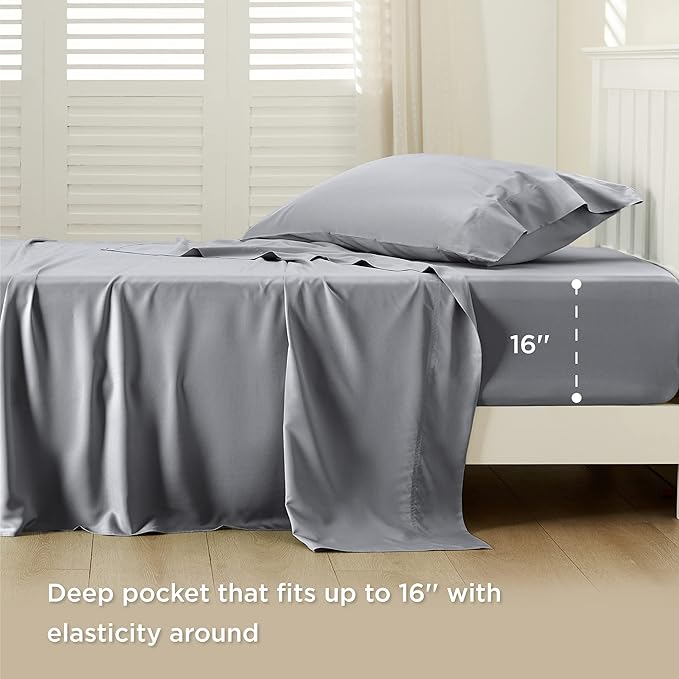 Bedsure Twin XL Sheet Set Dorm Bedding, Cooling Sheets Twin Extra Long Sheets, Rayon Derived from Bamboo, Deep Pocket Up to 16", Hotel Luxury Silky Bedding Sheets & Pillowcases, Silver Grey - LeafyLoom