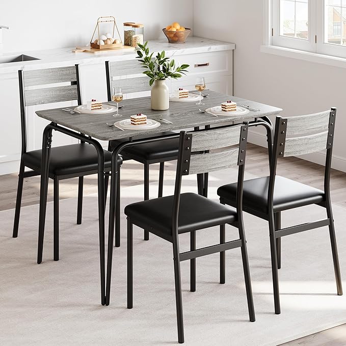 Dining Table for 4, Small Table and Chairs Set of 4, Square Dinette Set for 4, Dinner Table Set, 5 Piece Kitchen & Dining Room Sets for Small Space, Apartment (Gray, Dining Table with 4 Chairs) - LeafyLoom
