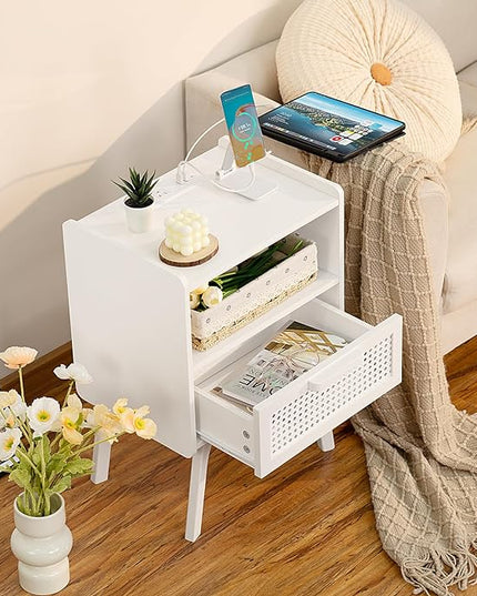 Lerliuo Rattan Nightstands set of 2 with Charging Station, Side Table with Drawer Open Shelf, Cane Accent Bedside End Table with Solid Wood Legs, Night Stand for Bedroom, Dorm and Small Spaces (White) - LeafyLoom