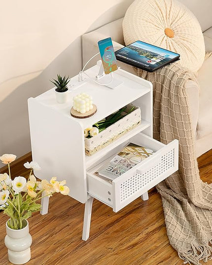 Lerliuo Rattan Nightstand with Charging Station, Side Table with Drawer Open Shelf, Cane Accent Bedside End Table with Solid Wood Legs, Night Stand for Bedroom, Dorm and Small Spaces (White) - LeafyLoom