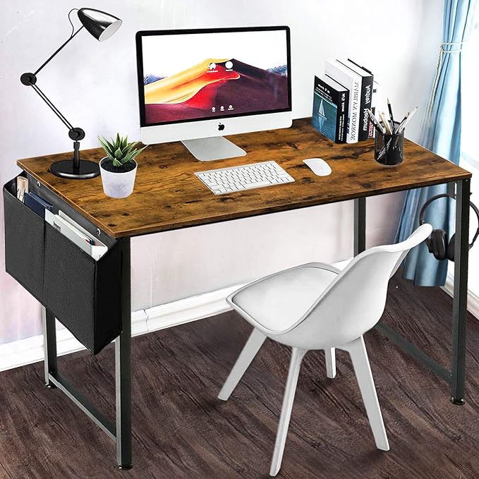 Lufeiya Small Computer Desk Study Table for Small Spaces Home Office 39 40 Inch Rustic Student Writing Desk with Storage Bag,Brown - LeafyLoom