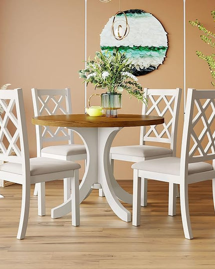 Mid-Century Style Round 4 Upholstered Chairs, Long-Lasting Solid Wood, Easy Clean & Assembly, Room, Kitchen, Small Place, 5 Piece Dining Table Set, Walnut 42 - LeafyLoom