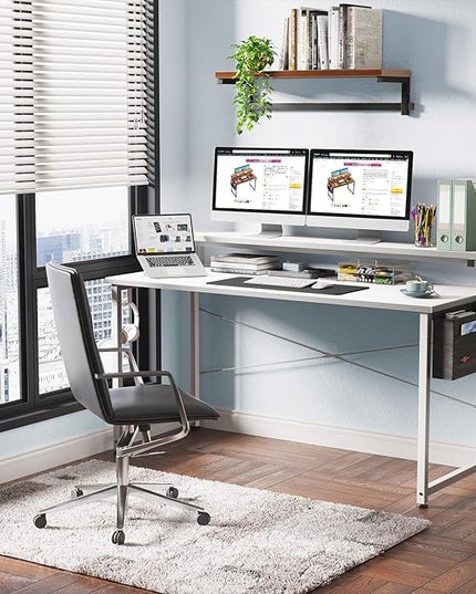 ODK Computer Desk with Adjustable Monitor Shelves, 55 inch Home Office Desk with Monitor Stand, Writing Desk, Study Workstation with 3 Heights (10cm, 13cm, 16cm), White + White leg - LeafyLoom