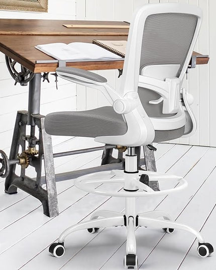 FelixKing Drafting Chair Ergonomic Tall Office Chair, Breathable Mesh Chair with Adjustable Footrest Ring Lumbar Support Flip-up Armrests, High Back Executive Comfy Task Computer Chair for Home Office - LeafyLoom