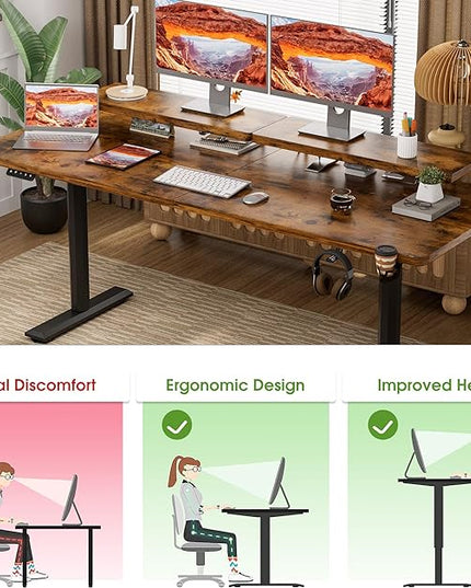Electric Standing Desk with Monitor Shelf, 63 x 27 Inches Height Adjustable Corner Table, Computer Workstation with Cup Holder and Hook for Home Office, Brown, 63x27 Inch, Rustic Brwon - LeafyLoom