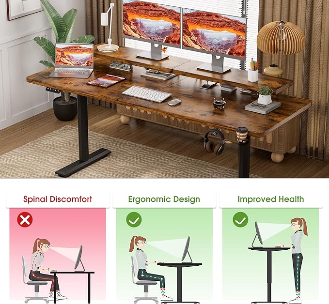 Electric Standing Desk with Monitor Shelf, 63 x 27 Inches Height Adjustable Corner Table, Computer Workstation with Cup Holder and Hook for Home Office, Brown, 63x27 Inch, Rustic Brwon - LeafyLoom