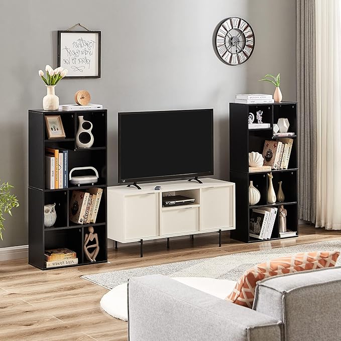 VECELO 42 Inch High Bookcase, 4-Tier Modern Storage Cabinet with Height Difference Shelves for Standard Textbooks, Floor Standing, 7 Cubes, Horizontal Available, Easy Assembly, Vintage Black - LeafyLoom