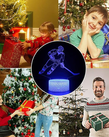 Teenager christmas gifts xmas gift 3D Illusion Hockey Night Light Lamp 16 Color Change Touch White Crack Base with Remote Control Birthday Gift for Boys and Girls Hockey lover - LeafyLoom
