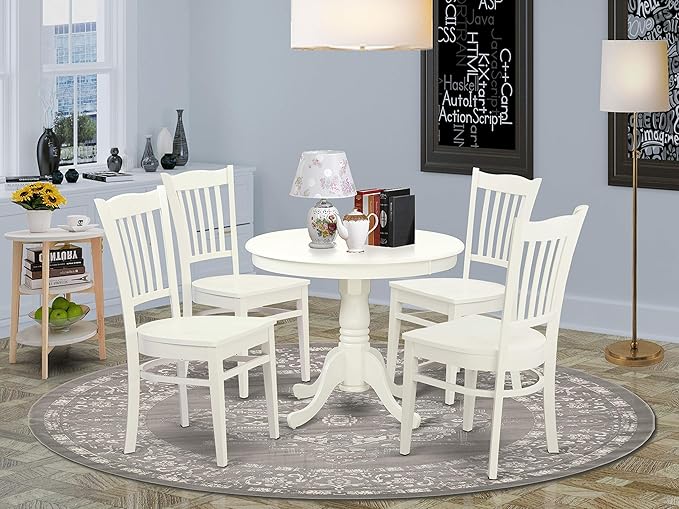 East West Furniture ANGR5-LWH-W 5 Piece Set for 4 Includes a Round Kitchen Table with Pedestal and 4 Dining Room Chairs - LeafyLoom