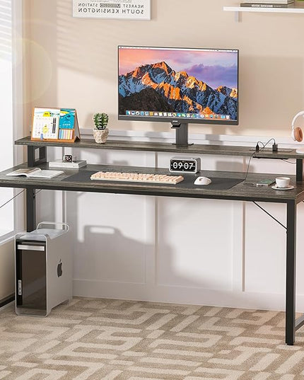 Computer Desk with USB Power Outlets and LED Lights, 55 inch Gaming desk with Monitor Stand for Small Space Home Office, Modern Simple Study Writing Table PC Desks, Black Oak - LeafyLoom