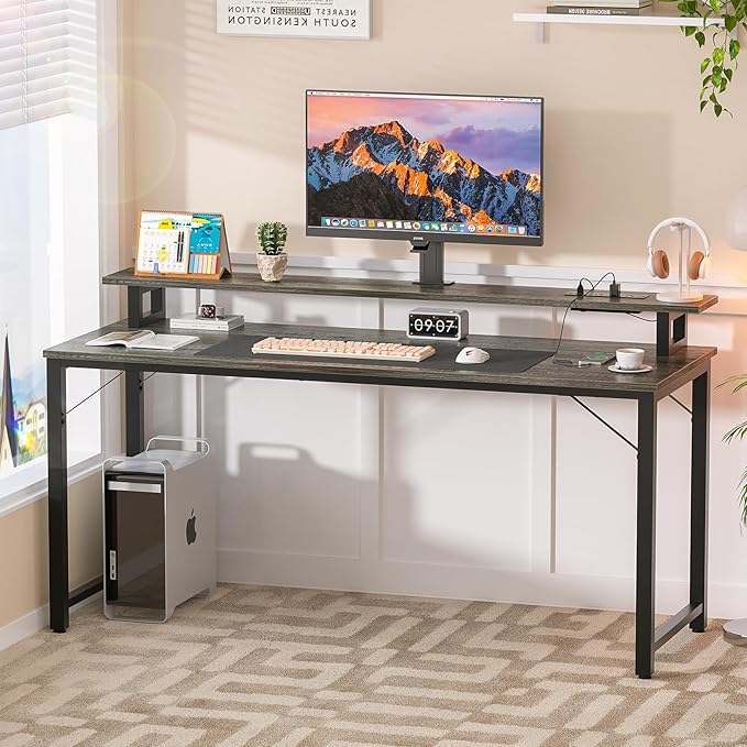 Computer Desk with USB Power Outlets and LED Lights, 55 inch Gaming desk with Monitor Stand for Small Space Home Office, Modern Simple Study Writing Table PC Desks, Black Oak - LeafyLoom