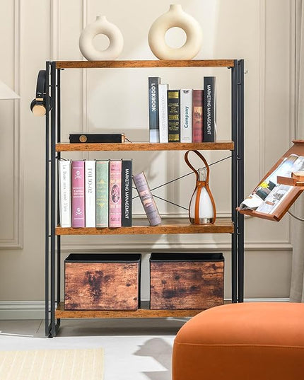HCHQHS Bookshelf, 4-Tier Industrial Bookcase, Rustic Open Book Shelf, Freestanding Tall Bookshelves with Metal Frame - LeafyLoom