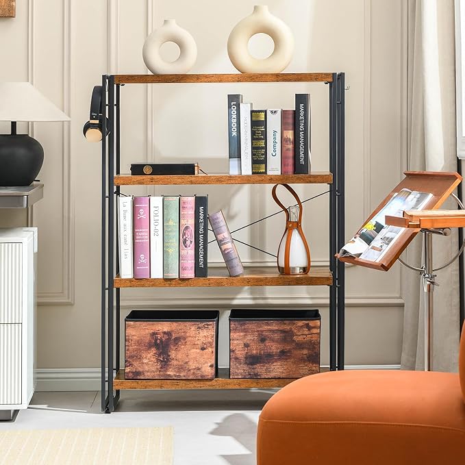 HCHQHS Bookshelf, 4-Tier Industrial Bookcase, Rustic Open Book Shelf, Freestanding Tall Bookshelves with Metal Frame - LeafyLoom