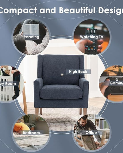 COLAMY Modern Wingback Living Room Chair, Upholstered Fabric Accent Armchair, Single Sofa chair with Lounge Seat and Wood Legs for Bedroom/Office/Reading Spaces, Blue - LeafyLoom