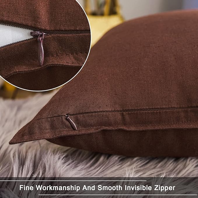 Jeanerlor 18"x18" Solid Cotton Linen Decoration Throw Pillow Case with Zipper Euro Sham Cushion Case Cool Pillow Cover Delicate Decorative Pillowcase for Chair/Bed/Couch,2 Packs, Reddish Brown - LeafyLoom