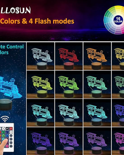 FULLOSUN Train Night Light, 3D Illusion Lamp for Kids, 16 Colors Changing with Remote Control Dim Function, Creative Birthday Xmas Gifts for Kids Boys Bedroom Decor - LeafyLoom