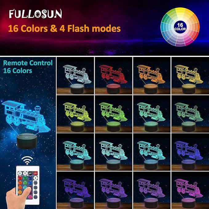 FULLOSUN Train Night Light, 3D Illusion Lamp for Kids, 16 Colors Changing with Remote Control Dim Function, Creative Birthday Xmas Gifts for Kids Boys Bedroom Decor - LeafyLoom