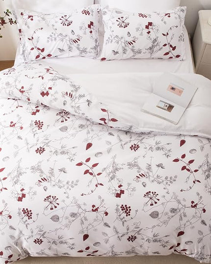 EMME Twin Comforter Set - Red Floral Bedding Set 5 PCS with Flowers Leaves Pattern, Soft Plant Printed Botanical Bed Set with Sheets, Fluffy Bed Bag for All Season(68"X90") - LeafyLoom