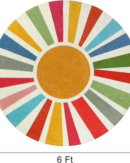 Round Boho Rug 6 Ft Washable Round Area Rug for Playroom, Sunshine Circle Rug for Kids Room, Non-Slip Circluar Rainbow Carpet Soft Large Kids Rug for Classroom Dorm Bedroom - LeafyLoom