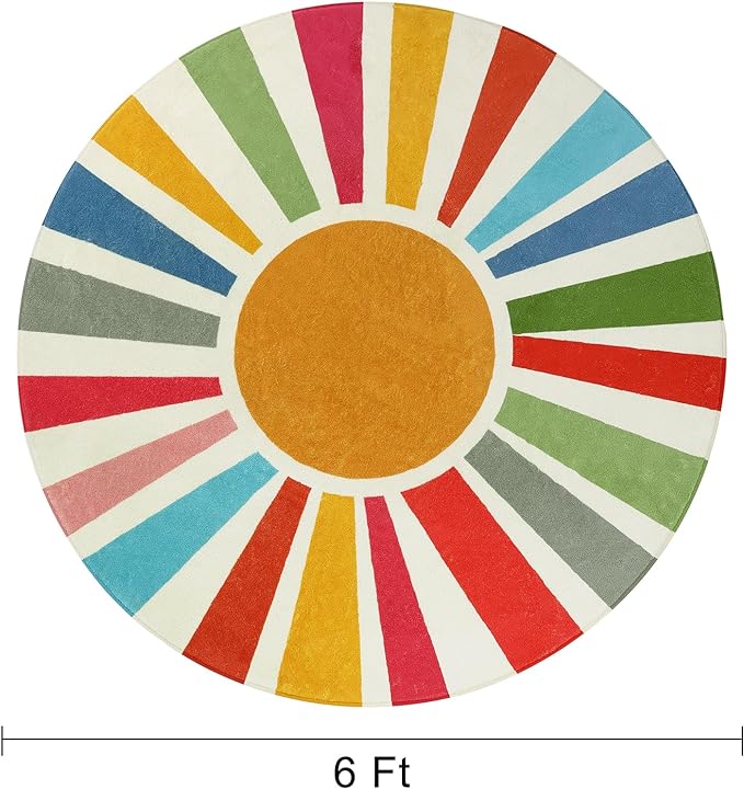 Round Boho Rug 6 Ft Washable Round Area Rug for Playroom, Sunshine Circle Rug for Kids Room, Non-Slip Circluar Rainbow Carpet Soft Large Kids Rug for Classroom Dorm Bedroom - LeafyLoom