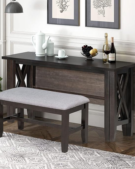 Comfortable Room 6-Piece Rustic Dining, Solid Wood Furniture Set with Foldable Table, 4 Padded Chairs, and 1 Bench, Ideal for Kitchen and Family Gatherings, Espresso - LeafyLoom