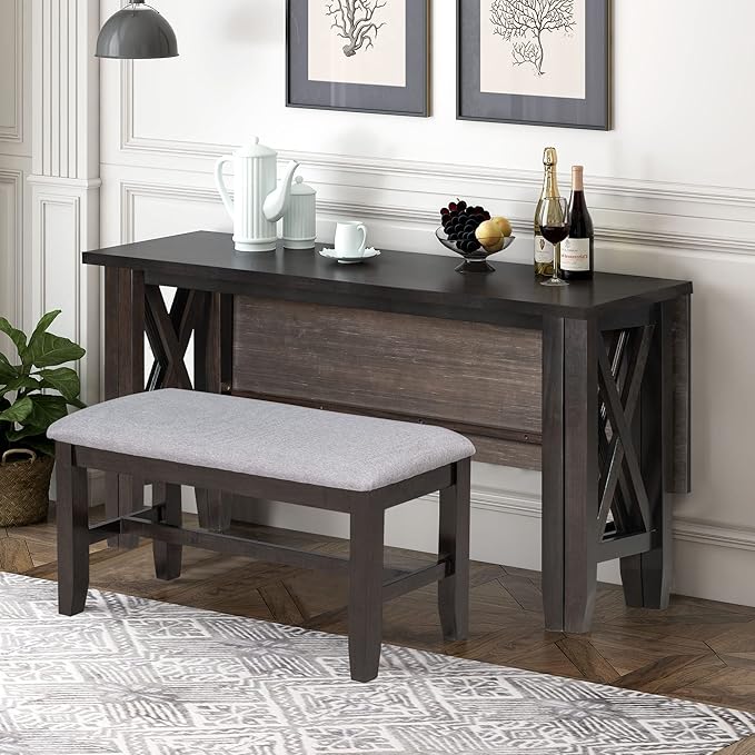 Comfortable Room 6-Piece Rustic Dining, Solid Wood Furniture Set with Foldable Table, 4 Padded Chairs, and 1 Bench, Ideal for Kitchen and Family Gatherings, Espresso - LeafyLoom