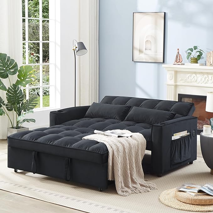 64" Oversized Loveseat Sofa Convertible Spacious Full Size Sleeper Sofabed with Pull Out Couch Bed,Cupholders,USB Charging Ports and Storage Pockets for Home Apartment Office Living Room - LeafyLoom