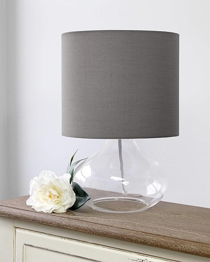 Simple Designs LT2063-CLG Small Glass Raindrop Bedside Table Lamp with Gray Fabric Shade, Clear - LeafyLoom