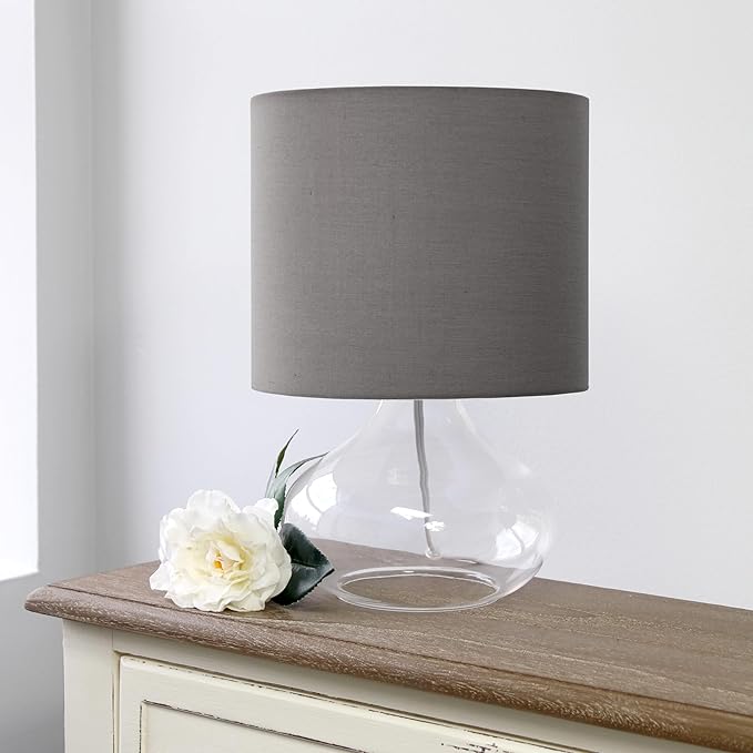 Simple Designs LT2063-CLG Small Glass Raindrop Bedside Table Lamp with Gray Fabric Shade, Clear - LeafyLoom