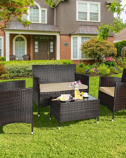 Goplus 4-Piece Rattan Patio Set, Outdoor/Indoor Wicker Conversation Set for Pool, Backyard, Lawn, Wicker Chairs and Sofa with Soft Cushion, Rattan Furniture with Tempered Glass Coffee Table - LeafyLoom
