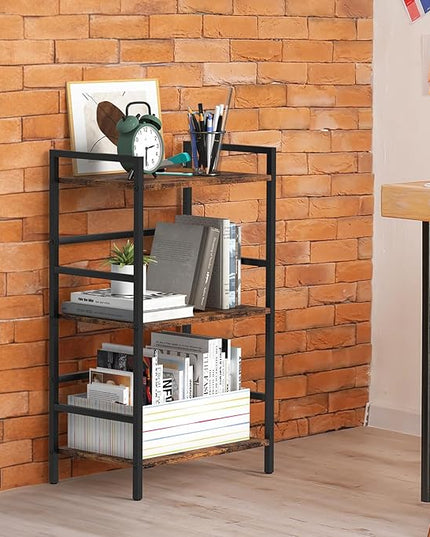 DOMYDEVM Small Bookshelf with Storage Organizer Shelf 3-Tier Wood Book Shelves with Metal Frame for Home Office, Bedroom, Living Room, Rustic Brown Bookshelf - LeafyLoom