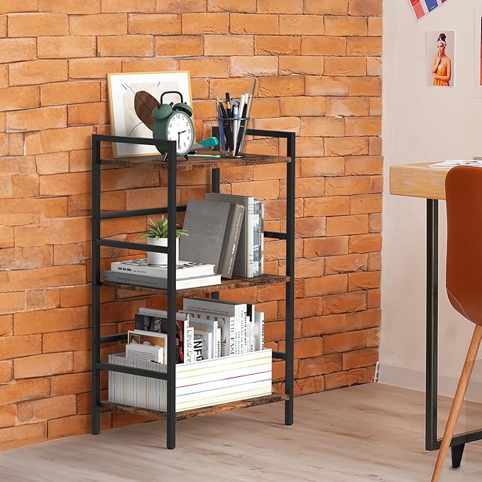DOMYDEVM Small Bookshelf with Storage Organizer Shelf 3-Tier Wood Book Shelves with Metal Frame for Home Office, Bedroom, Living Room, Rustic Brown Bookshelf - LeafyLoom