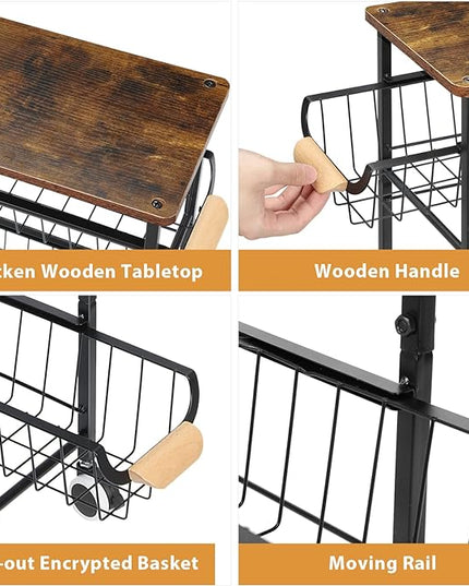 4-Tier Slim Storage Cart, Kitchen Rolling Utility Cart Bathroom Organizer Laundry Room Organization Mobile Shelving Unit with Slide-Out Metal Wire Baskets, Wooden Tabletop & Wheels for Narrow Space - LeafyLoom