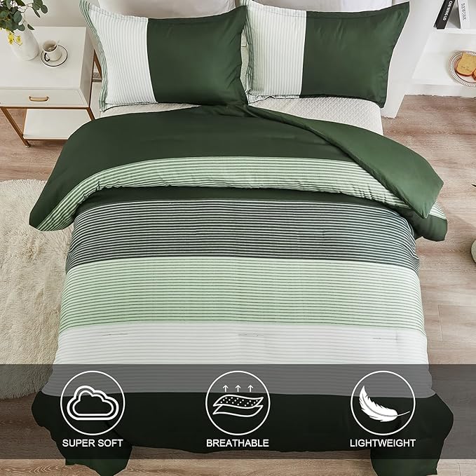 WONGS BEDDING Comforter Set King, Reversible Olive Green Striped Down Alternative Comforter for King Bed,3 Pieces (1 Comforter+2 Pillowcases), Soft Microfiber Bedding Duvet Set 104"×90" - LeafyLoom