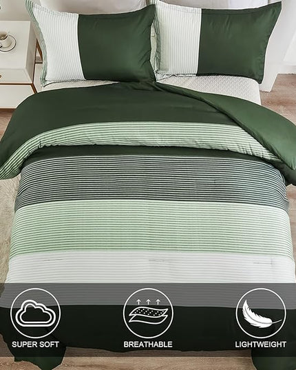 WONGS BEDDING Comforter Set Queen, Reversible Olive Green Striped Patchwork Down Alternative Comforter for Queen Bed,3 Pieces (1 Comforter+2 Pillowcases),Soft Microfiber Bedding Set 90"×90" - LeafyLoom