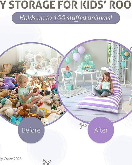Butterfly Craze Bean Bag Chair Cover, Functional Toddler Toy Organizer, Fill with Stuffed Animals to Create a Jumbo, Comfy Floor Lounger for Boys or Girls, Stuffing Not Included, Purple Stripes - LeafyLoom