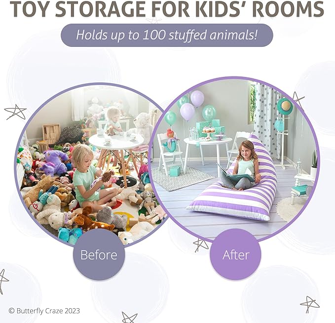 Butterfly Craze Bean Bag Chair Cover, Functional Toddler Toy Organizer, Fill with Stuffed Animals to Create a Jumbo, Comfy Floor Lounger for Boys or Girls, Stuffing Not Included, Purple Stripes - LeafyLoom