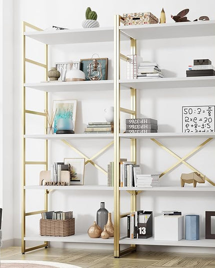 Shintenchi 2 Pieces 5 Tiers Bookshelf, Classically Tall Bookcase Shelf, Industrial Book Rack, Modern Book Holder in Bedroom/Living Room/Home/Office, Storage Rack Shelves for Books/Movies-Gold - LeafyLoom
