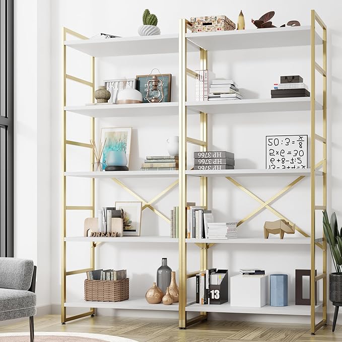 Shintenchi 2 Pieces 5 Tiers Bookshelf, Classically Tall Bookcase Shelf, Industrial Book Rack, Modern Book Holder in Bedroom/Living Room/Home/Office, Storage Rack Shelves for Books/Movies-Gold - LeafyLoom
