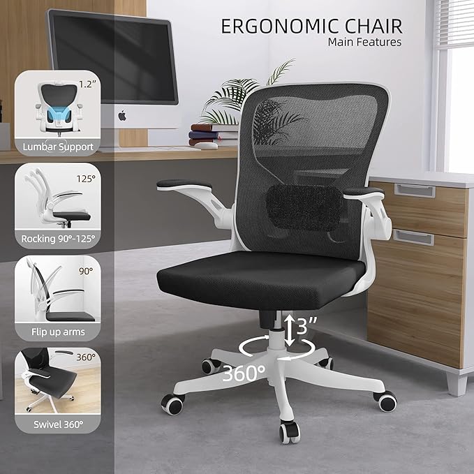 Office Chair - Ergonomic Office Chair with Lumbar Support & Flip Up Arms Home Office Desk Chairs Rockable High Back Swivel Computer Chair White Frame & Black Mesh Study Chair - LeafyLoom