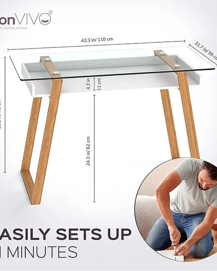 bonVIVO Massimo Small Desk - 43 Inch, Modern Computer Desk for Small Spaces, Living Room, Office and Bedroom - Study Table w/Glass Top and Shelf Space - White - LeafyLoom
